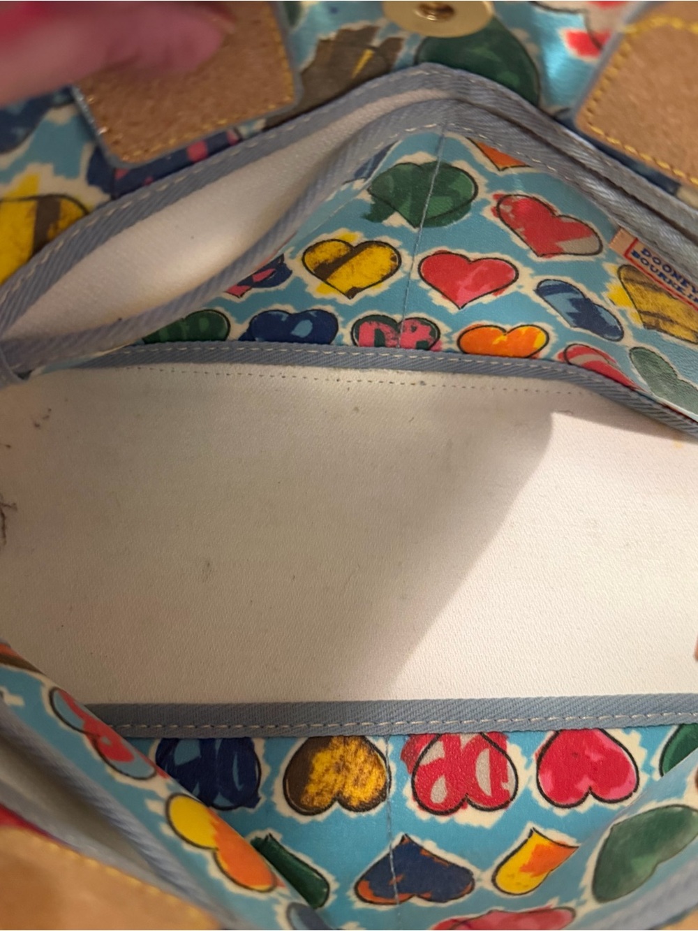 Y2K Dooney & Bourke Turquoise Multicolor Heart Print Leather-Trim Tote - Picture 3 of 8